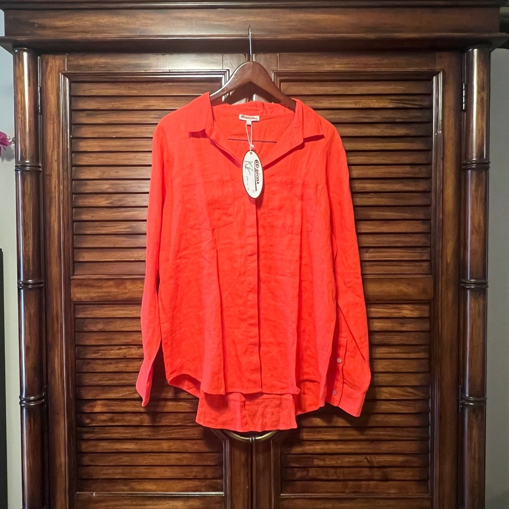 NWT Azucar 100% Linen Button Down Shirt Coral Red Long Sleeve  Women's Size Lg